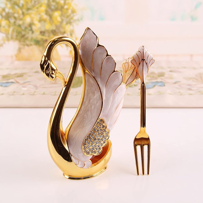 Fdit Swan Base Tableware Set, Gold Alloy Coffee Spoon Fork Holder with Rhinestones Smooth Edge Dessert Utensil Set for Bistro Bar Party (Golden White Fork) - Image 3